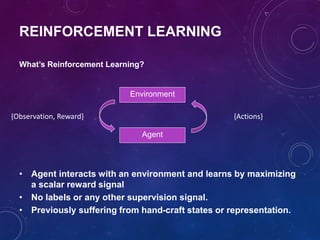 REINFORCEMENT LEARNING
What’s Reinforcement Learning?
Environment
Agent
{Observation, Reward} {Actions}
• Agent interacts with an environment and learns by maximizing
a scalar reward signal
• No labels or any other supervision signal.
• Previously suffering from hand-craft states or representation.
 