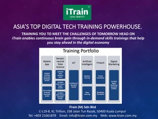 ASIA’S TOP DIGITAL TECH TRAINING POWERHOUSE.
TRAINING YOU TO MEET THE CHALLENGES OF TOMORROW HEAD ON
iTrain enables continuous brain gain through in-demand skills trainings that help
you stay ahead in the digital economy
iTrain (M) Sdn Bhd
C-L19-8, KL Trillion, 338 Jalan Tun Razak, 50400 Kuala Lumpur
Tel: +603 21661879 Email: info@itrain.com.my Web: www.itrain.com.my
 