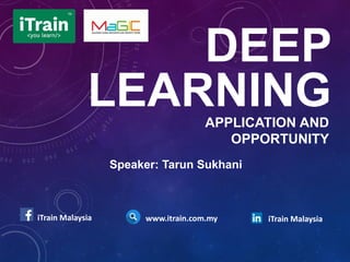 DEEP
LEARNINGAPPLICATION AND
OPPORTUNITY
Speaker: Tarun Sukhani
iTrain Malaysia www.itrain.com.my iTrain Malaysia
 