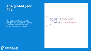 The global.json
File
The global.json file is used to
configure the solution as a whole.
It includes just two sections,
projects and sdk by default.
{
"projects": [ "src", "test" ],
"sdk": {
"version": "1.0.0-rc1-final"
}
}
 