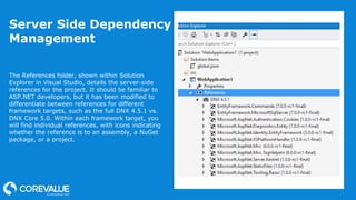 Server Side Dependency
Management
The References folder, shown within Solution
Explorer in Visual Studio, details the server-side
references for the project. It should be familiar to
ASP.NET developers, but it has been modified to
differentiate between references for different
framework targets, such as the full DNX 4.5.1 vs.
DNX Core 5.0. Within each framework target, you
will find individual references, with icons indicating
whether the reference is to an assembly, a NuGet
package, or a project.
 