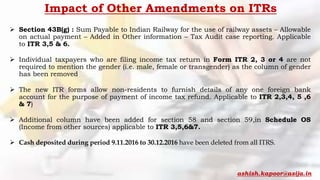 Impact of Other Amendments on ITRs
 Section 43B(g) : Sum Payable to Indian Railway for the use of railway assets – Allowable
on actual payment – Added in Other information – Tax Audit case reporting. Applicable
to ITR 3,5 & 6.
 Individual taxpayers who are filing income tax return in Form ITR 2, 3 or 4 are not
required to mention the gender (i.e. male, female or transgender) as the column of gender
has been removed
 The new ITR forms allow non-residents to furnish details of any one foreign bank
account for the purpose of payment of income tax refund. Applicable to ITR 2,3,4, 5 ,6
& 7)
 Additional column have been added for section 58 and section 59,in Schedule OS
(Income from other sources) applicable to ITR 3,5,6&7.
 Cash deposited during period 9.11.2016 to 30.12.2016 have been deleted from all ITRS.
ashish.kapoor@asija.in
 