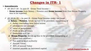 Changes in ITR- 1
 Amendments
 AY 2017-18 - In part B - Gross Total Income :-
• Gross income from Salary / Pension and Gross income from One House Property
was to be reported.
 AY 2018-19 , - In part B - Gross Total Income under the head
 Salary / Pension, break up has to be provided, comprising of
 Salary (excluding item listed below)
 allowances not exempt,
 value of perquisites,
 Profit in lieu of salary
 Deduction u/s 16.
 House Property, break up has to be provided, comprising of
 Gross rent received /
 Tax paid to local authority
 Annual Value,
 30% of annual Value
 Interest payable on borrowed capital. ashish.kapoor@asija.in
 
