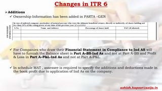 Changes in ITR 6
Additions
 Ownership Information has been added in PARTA –GEN
 For Companies who draw their Financial Statement in Compliance to Ind AS will
have to furnish the Balance sheet is Part A–BS-Ind As and not at Part A-BS and Profit
& Loss in Part A–P&L-Ind As and not at Part A-P&L.
 In schedule MAT , assessee is required to specify the additions and deductions made in
the book profit due to application of Ind As on the company.
ashish.kapoor@asija.in
 