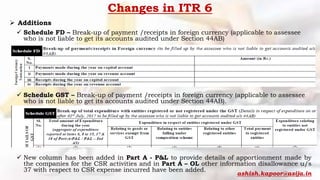  Additions
 Schedule FD – Break-up of payment /receipts in foreign currency (applicable to assessee
who is not liable to get its accounts audited under Section 44AB)
 Schedule GST – Break-up of payment /receipts in foreign currency (applicable to assessee
who is not liable to get its accounts audited under Section 44AB).
 New column has been added in Part A - P&L to provide details of apportionment made by
the companies for the CSR activities and in Part A – OL other information disallowance u/s
37 with respect to CSR expense incurred have been added.
Changes in ITR 6
ashish.kapoor@asija.in
 
