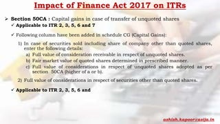  Section 50CA : Capital gains in case of transfer of unquoted shares
 Applicable to ITR 2, 3, 5, 6 and 7
 Following column have been added in schedule CG (Capital Gains):
1) In case of securities sold including share of company other than quoted shares,
enter the following details:
a) Full value of consideration receivable in respect of unquoted shares.
b) Fair market value of quoted shares determined in prescribed manner.
c) Full value of considerations in respect of unquoted shares adopted as per
section 50CA (higher of a or b).
2) Full value of considerations in respect of securities other than quoted shares.
 Applicable to ITR 2, 3, 5, 6 and
ashish.kapoor@asija.in
Impact of Finance Act 2017 on ITRs
 