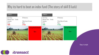 Why its hard to beat an index fund (The story of skill & luck)
Keep it simple
FARMER A FARMER B
Farm Size: 10 Hectares
Nearest Town: Ermelo
Location: 35km East of Ermelo
Crop: Maize
Yield: 2 Tons
Farm Size: 10 Hectares
Nearest Town: Ermelo
Location: 25 km West of Ermelo
Crop: Maize
Yield: 4 Tons
Average Monthly Rainfall
80ml
Average Monthly Rainfall
120ml
 