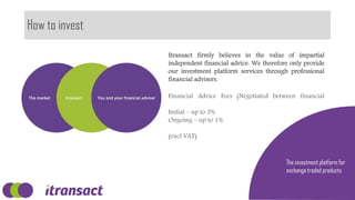 How to invest
The investment platform for
exchange traded products
Itransact firmly believes in the value of impartial
independent financial advice. We therefore only provide
our investment platform services through professional
financial advisers.
Financial Advice Fees (Negotiated between financial
Initial – up to 3%
Ongoing – up to 1%
(excl VAT)
 