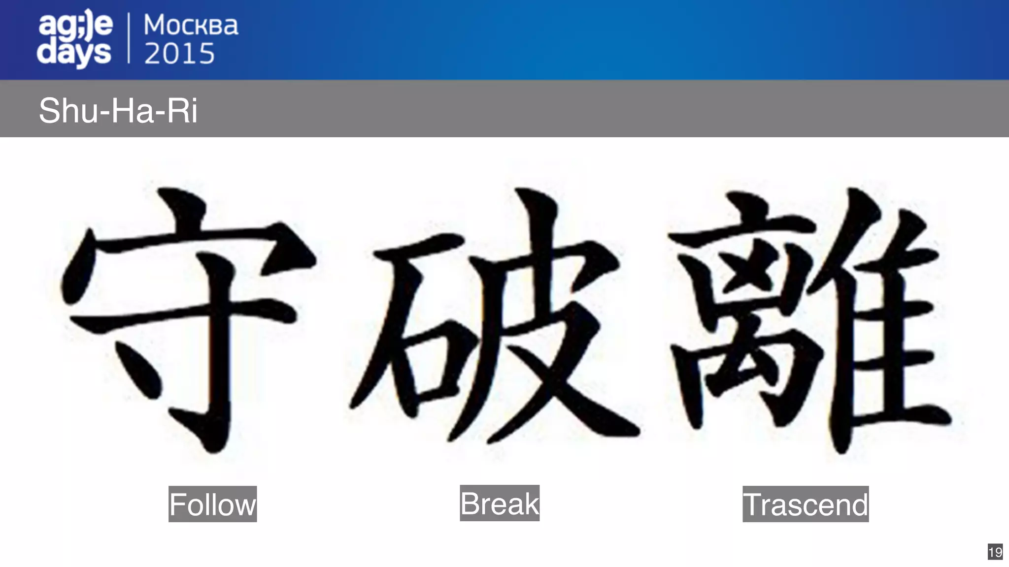 19
Shu-Ha-Ri
Follow Break Trascend
 