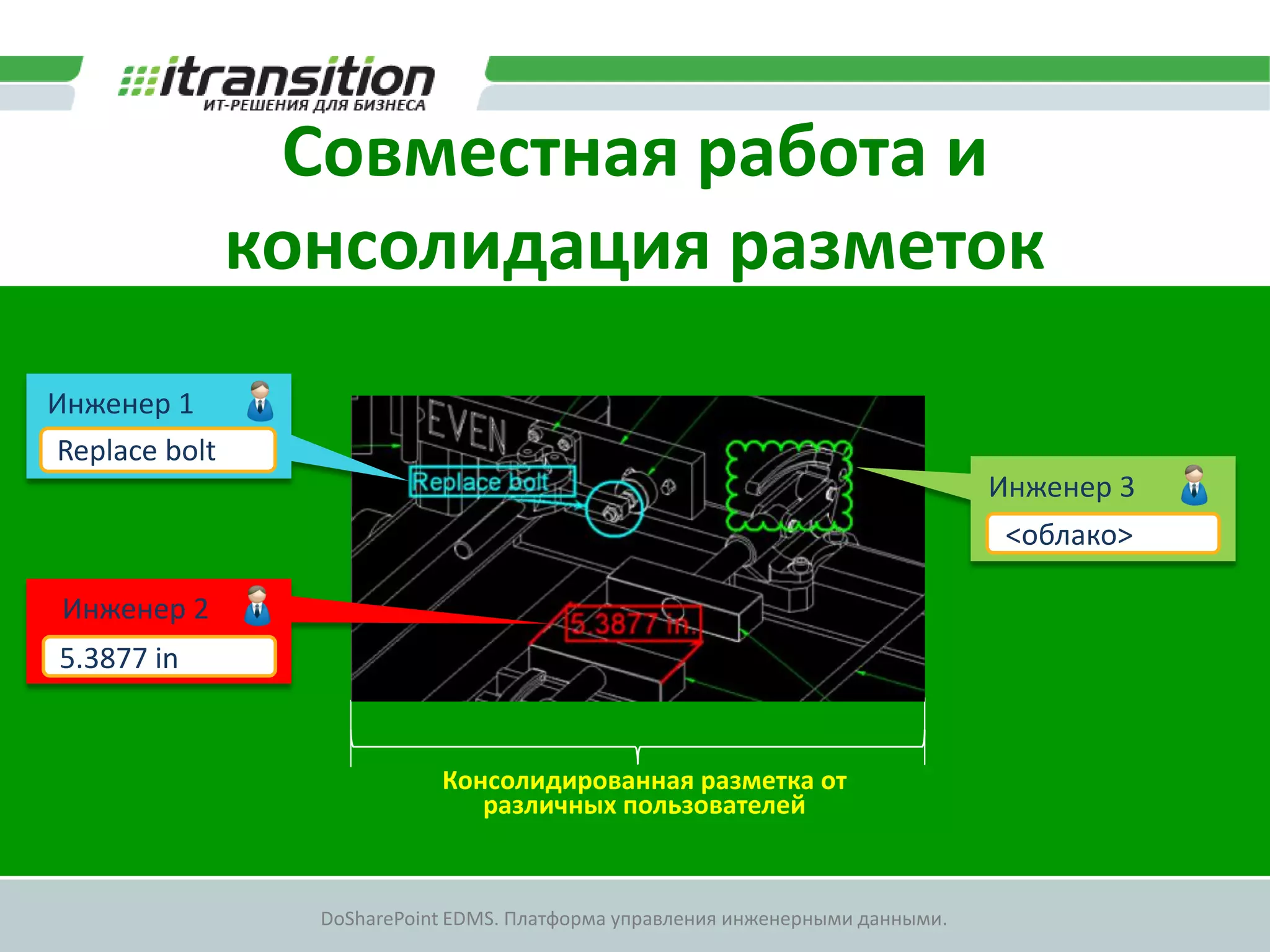Совместная работа и
               консолидация разметок
Инженер 1
Replace bolt
                                                                                Инженер 3
                                                                                 <облако>

 Инженер 2
5.3877 in


                            Консолидированная разметка от
                               различных пользователей


                 DoSharePoint EDMS. Платформа управления инженерными данными.
 