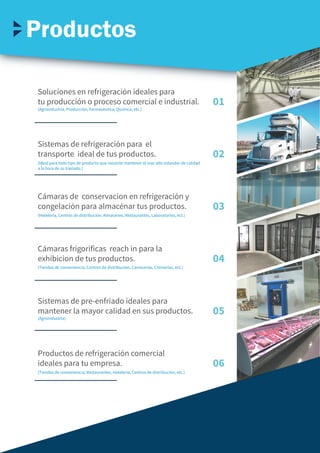 Soluciones en refrigeración ideales para
tu producción o proceso comercial e industrial.
(Agroindustria, Producción, Farmacéutica, Química, etc.)
(Ideal para todo tipo de producto que necesite mantener el mas alto estandar de calidad
a la hora de su traslado.)
(Hotelería, Centros de distribución, Almacenes, Restaurantes, Laboratorios, ect.)
(Tiendas de conveniencia, Centros de distribución, Carnicerías, Cremerías, ect.)
(Agroindustria)
(Tiendas de conveniencia, Restaurantes, Hotelería, Centros de distribución, etc.)
01
Sistemas de refrigeración para el
transporte ideal de tus productos. 02
Cámaras de conservacion en refrigeración y
congelación para almacénar tus productos. 03
Cámaras frigorificas reach in para la
exhibicion de tus productos. 04
Sistemas de pre-enfriado ideales para
mantener la mayor calidad en sus productos. 05
Productos de refrigeración comercial
ideales para tu empresa. 06
Productos
 