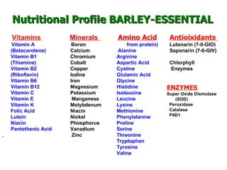 Nutritional Profile BARLEY-ESSENTIAL Vitamins   Vitamin A (Betacarotene) Vitamin B1 (Thiamine) Vitamin B2 (Riboflavin) Vitamin B6 Vitamin B12 Vitamin C Vitamin E Vitamin K Folic Acid Lutein  Niacin Pantothenic Acid .  Minerals  Boron Calcium Chromium Cobalt Copper Iodine Iron Magnesium Potassium Manganese Molybdenum Niacin Nickel Phosphorus Vanadium Zinc Amino Acid   ( from protein)  Alanine Arginine Aspartic Acid Cystine Glutamic Acid Glycine Histidine Isoleucine Leucine Lysine Methionine Phenylalanine Proline Serine Threonine Tryptophan Tyrosine Valine     Antioixidants  Lutonarin (7-0-GIO)  Saponarin (7-0-GIV)  Chlorphyll Enzymes ENZYMES   Super Oxide Dismutase (SOD) Peroxidase Catalase P4D1 