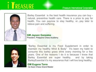 Barley Essential  is the best health insurance you can buy - natural, preventive health care. There is a price to pay for health. You can paynow to stay healthy, or...pay later to relieve pain and suffering. GM Jayson Gonzales President, Philippine Chess Academy GM Eugene Torre 1st Asian Chess Grand Master “ Barley Essential is my Food Supplement in order to maintain my healthy Mind & Body”  It’s been my habit to consume this barley grass drink every morning for a few years. One of the reasons I do it is because I know that Barley Essential are super healthy.  and by taking BarleyEssential it’s my assurance that i will live long healthy. 