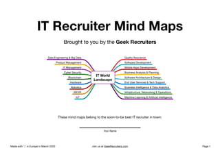 Page 1
IT Recruiter Mind Maps
Brought to you by the Geek Recruiters
Join us at GeekRecruiters.comMade with ♡ in Europe in March 2020
IT World
Landscape
Quality Assurance
Software Development
Mobile Apps Development
Business Analysis & Planning
Software Architecture & Design
End User Services & Tech Support
Business Intelligence & Data Analytics
Infrastructure, Networking & Operations
Machine Learning & Artiﬁcial IntelligenceIoT
AR/VR
Robotics
Hardware
Blockchain
Cyber Security
IT Management
Product Management
Data Engineering & Big Data
These mind maps belong to the soon-to-be best IT recruiter in town:
Your Name
 