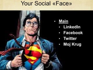 Your Social «Face»
• Main
• LinkedIn
• Facebook
• Twitter
• Moj Krug
 