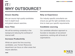 Ensure Quality
We can source high quality candidates
from in-depth local
and global network searches.
Save Time
We will be working constantly in the
background reducing the workload of
internal staff.
Increase Productivity
Whilst we spend the time sourcing
candidates, your Human Resources
department can focus on other areas that
require attention.
Rely on Experience
Our industry specific consultants can
ensure you get the right candidate every
time to meet your specific requirements.
Candidate sourcing
Our candidate attraction approach is
founded on decades of recruitment
experience, working with all levels of
organisations.
IT//
WHY OUTSOURCE?
 