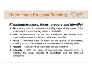 Recruitment Process(Planning)

Planning(structure, focus, prepare and Identify)
  Structure – Need to understand the Key responsibility areas of the
  position which we are going to hire a candidate.
  Need to concentrate on the job description, key results area,
  opportunities, career implication, salary and benefits.
  Focus – Recruiter need to focus on the quality of candidates,
  sourcing mix in order to meet the requirements of a the requisition.
  Prepare – Recruiter need to prepare the sourcing mix.
  Indentify – With the using of sourcing mix, recruiter need to
  indentify the most possible fit candidates and the targeted
  companies.
 