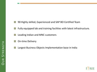 90 Highly skilled, Experienced and SAP BO Certified Team

               Fully equipped lab and training facilities with latest infrastructure.

               Leading Indian and MNC customers

               On-time Delivery
OUR STRENGTH




               Largest Business Objects Implementation base in India
 