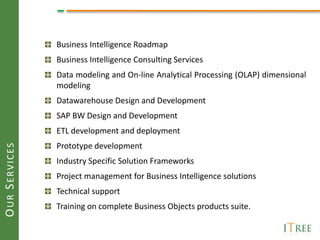 Business Intelligence Roadmap
               Business Intelligence Consulting Services
               Data modeling and On-line Analytical Processing (OLAP) dimensional
               modeling
               Datawarehouse Design and Development
               SAP BW Design and Development
               ETL development and deployment
               Prototype development
OUR SERVICES




               Industry Specific Solution Frameworks
               Project management for Business Intelligence solutions
               Technical support
               Training on complete Business Objects products suite.
 