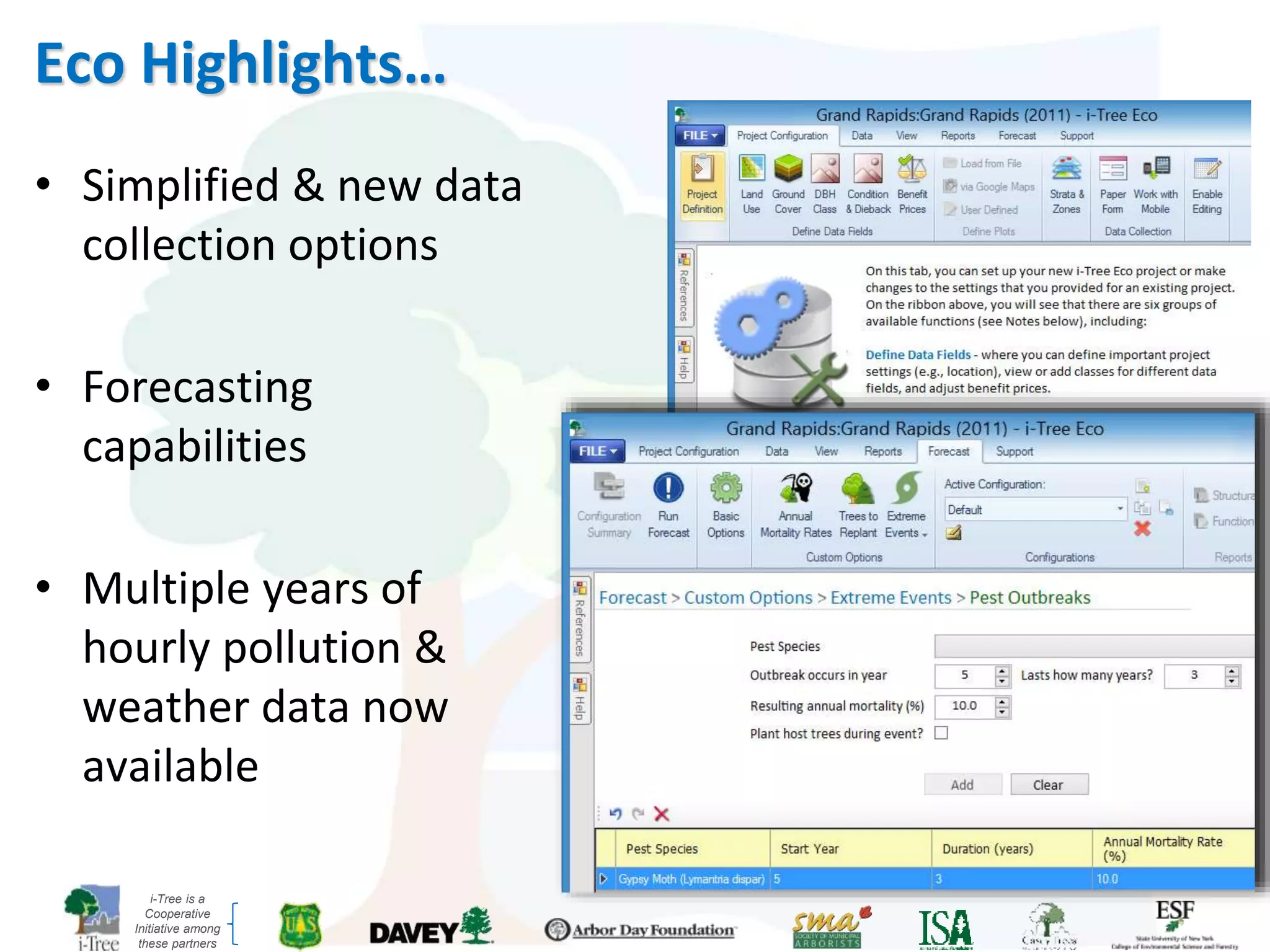 i-Tree is a
Cooperative
Initiative among
these partners
Eco Highlights…
• Simplified & new data
collection options
• Forecasting
capabilities
• Multiple years of
hourly pollution &
weather data now
available
 
