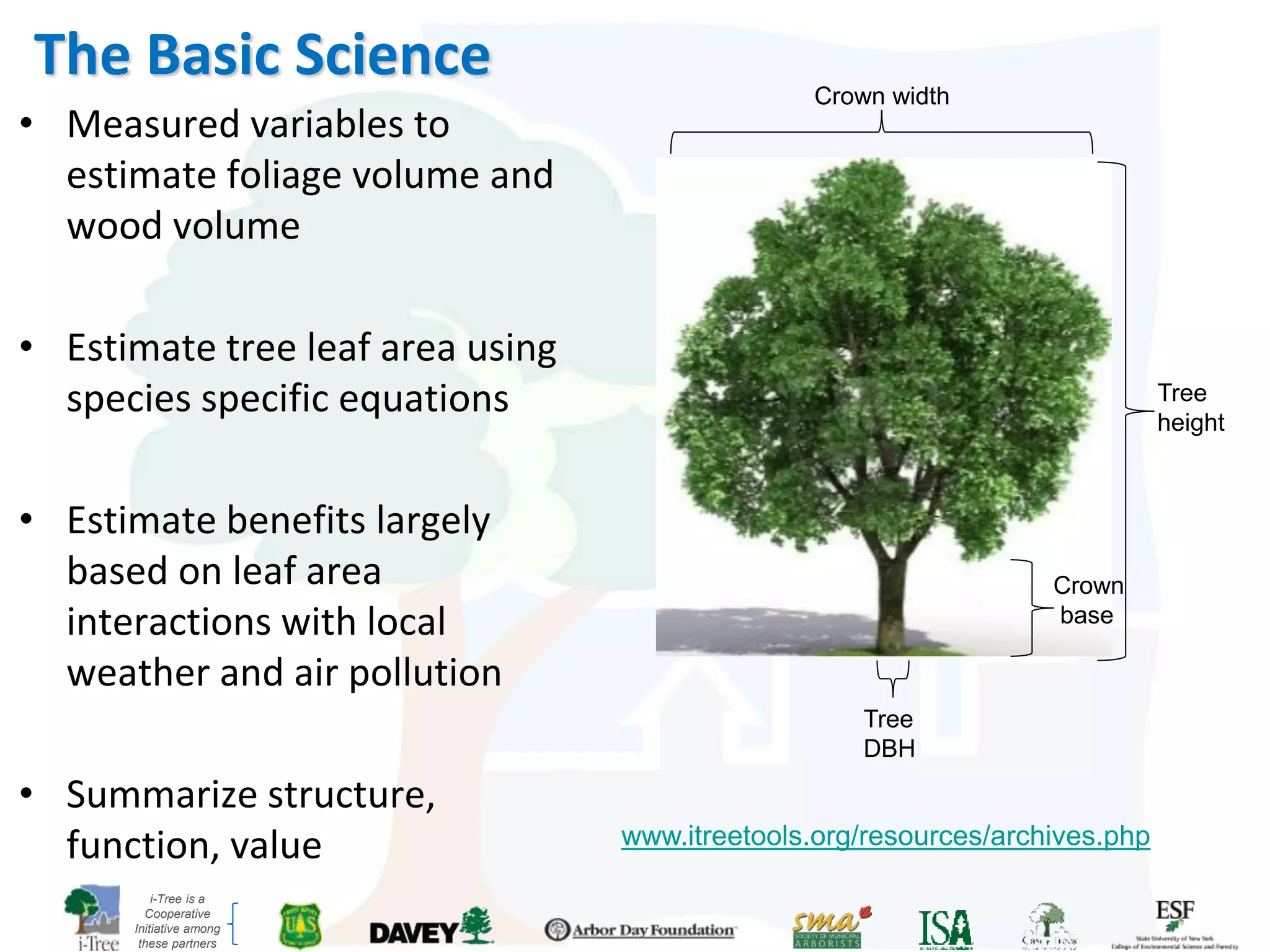 i-Tree is a
Cooperative
Initiative among
these partners
The Basic Science
• Measured variables to
estimate foliage volume and
wood volume
• Estimate tree leaf area using
species specific equations
• Estimate benefits largely
based on leaf area
interactions with local
weather and air pollution
• Summarize structure,
function, value
Tree
height
Crown width
Crown
base
Tree
DBH
www.itreetools.org/resources/archives.php
 