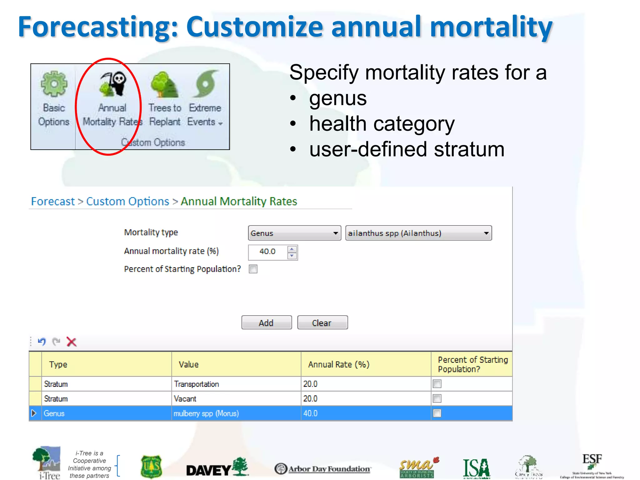 i-Tree is a
Cooperative
Initiative among
these partners
Forecasting: Customize annual mortality
Specify mortality rates for a
• genus
• health category
• user-defined stratum
 