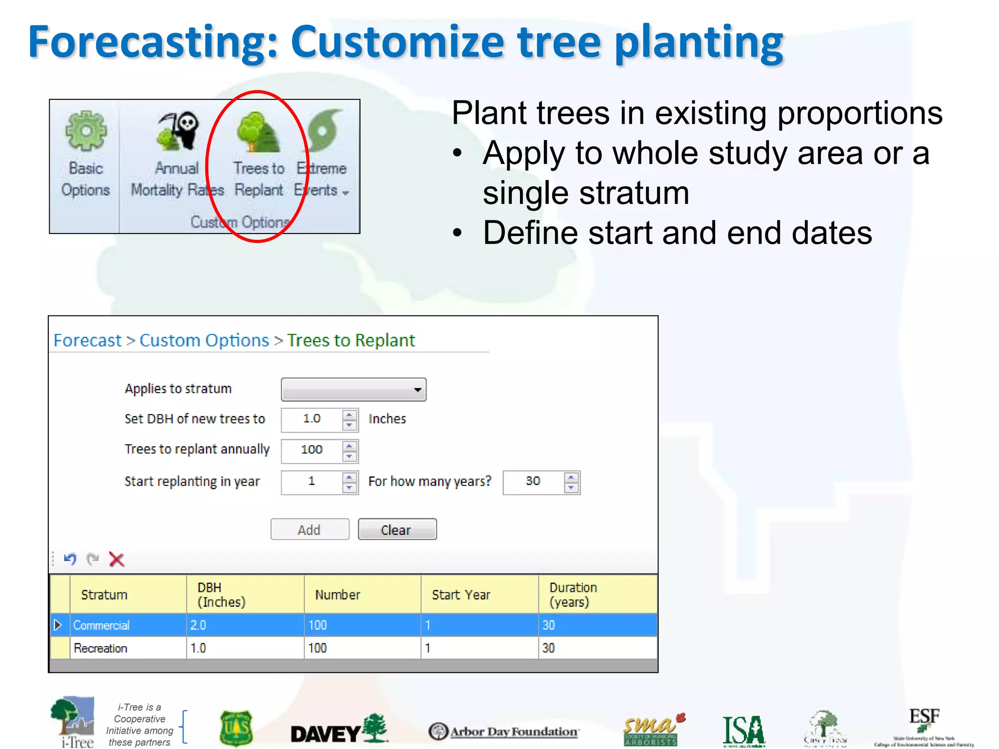 i-Tree is a
Cooperative
Initiative among
these partners
Forecasting: Customize tree planting
Plant trees in existing proportions
• Apply to whole study area or a
single stratum
• Define start and end dates
 