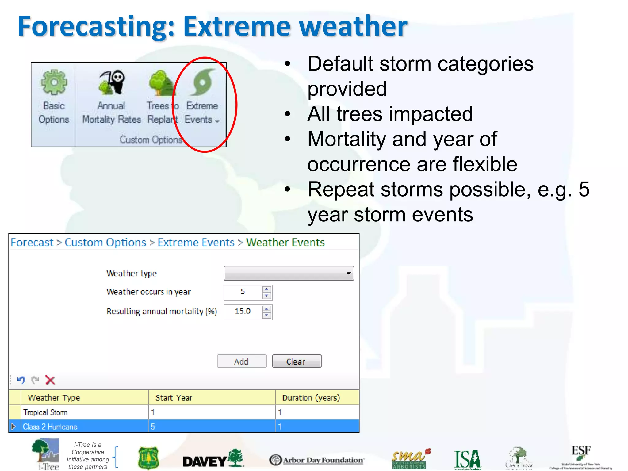 i-Tree is a
Cooperative
Initiative among
these partners
Forecasting: Extreme weather
• Default storm categories
provided
• All trees impacted
• Mortality and year of
occurrence are flexible
• Repeat storms possible, e.g. 5
year storm events
 