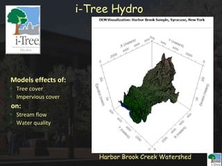 Harbor Brook Creek Watershed
Models effects of:
Tree cover
Impervious cover
on:
Stream flow
Water quality
i-Tree Hydro
 