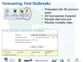 i-Tree is a
Cooperative
Initiative among
these partners
Forecasting: Pest Outbreaks
• Preloaded with 36 common
pests
• All host species impacted
• Flexible start and end
• Flexible mortality rates
 