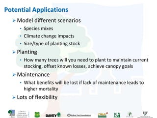 i-Tree is a
Cooperative
Initiative among
these partners
Potential Applications
 Model different scenarios
• Species mixes
• Climate change impacts
• Size/type of planting stock
 Planting
• How many trees will you need to plant to maintain current
stocking, offset known losses, achieve canopy goals
 Maintenance
• What benefits will be lost if lack of maintenance leads to
higher mortality
 Lots of flexibility
 