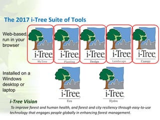 Landscape
The 2017 i-Tree Suite of Tools
Web-based,
run in your
browser
Installed on a
Windows
desktop or
laptop
MyTree Planting
i-Tree Vision
To improve forest and human health, and forest and city resiliency through easy-to-use
technology that engages people globally in enhancing forest management.
 