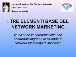 I TRE ELEMENTI BASE DEL
NETWORK MARKETING
Quali sono le caratteristiche che
contraddistinguono le aziende di
Network Marketing di successo
Lorenzo Gnesutta – Star Diamond Networker
Cell: 3209452236
Skype: l.gnesutta
 