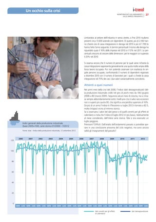 Un occhio sulla crisi
                                                                                                                                       MONITORAGGIO SULL’ANDAMENTO         27
                                                                                                                                             DELLE IMPRESE PIEMONTESI




                                                                                          Limitandosi al settore dell’industria in senso stretto, a ﬁne 2010 risultano
                                                                                          presenti circa 13.600 aziende con dipendenti. Di queste, più di 2.100 han-
                                                                                          no chiesto ore di cassa integrazione in deroga nel 2010 e più di 1.700 lo
                                                                                          hanno fatto l’anno seguente. In termini percentuali il ricorso alla deroga ha
                                                                                          riguardato quasi il 16% delle imprese nel 2010 e il 13% nel 2011. Le per-
                                                                                          centuali crescono al crescere delle dimensioni: per le maggiori si è superato
                                                                                          il 25% nel 2010.

                                                                                          Si osserva ancora che il numero di persone per le quali viene richiesta la
                                                                                          cassa integrazione rappresenta generalmente una quota molto ampia della
                                                                                          forza lavoro occupata. Pur non potendo osservare con esattezza le sin-
                                                                                          gole persone occupate, confrontando il numero di dipendenti registrato
                                                                                          a dicembre 2010 con il numero di lavoratori per i quali si chiede la cassa
                                                                                          integrazione nel 75% dei casi i due valori sostanzialmente coincidono.

                                                                                          Attenti a quei numeri
                                                                                          Nei primi mesi della crisi del 2008, l’indice (dati destagionalizzati) del-
                                                                                          la produzione industriale crollò nel giro di pochi mesi da 106 (giugno
                                                                                          2008) a 80 (marzo 2009). Seguirono alcuni mesi di crescita, ma si rima-
                                                                                          se sempre abbondantemente sotto i livelli pre-crisi e salvo rare eccezioni
                                                                                          non si superò più quota 90, che signiﬁca una perdita superiore al 16%.
                                                                                          Da più di un anno l’indice è il ﬂessione e a luglio 2012 è tornato a 82.5,
                                                                                          molto (troppo) vicino al minimo storico.
                                                                                          Se si osservano i valori dei dati grezzi o di quelli corretti per gli effetti di
                                                                                          calendario si nota che l’indice di luglio 2012 è il più basso, relativamente
                                                                                          al mese considerato, dell’intera serie storica. Mai si era osservato un
                                                                                          luglio peggiore.
           Indici generali della produzione industriale
                                                                                          Previsioni? Difﬁcili. Dall’analisi dell’andamento passato si potrebbe spe-
           (base 2005=100), serie storica 01/2000 - 7/2012
                                                                                          rare in una conclusione prossima del ciclo negativo, ma sono ancora
           Fonte: Istat - Indice della produzione industriale, 12 settembre 2012          validi gli insegnamenti del passato?


        2000      2001         2002         2003          2004         2005        2006         2007         2008           2009          2010        2011          2012
120




100




 80




 60




 40




 20




 0
      GEN LUG GEN LUG GEN LUG GEN LUG GEN LUG GEN LUG GEN LUG GEN LUG GEN LUG GEN LUG GEN LUG GEN LUG GEN LUG

                                                                                                       dati corretti per gli effetti                    dati destagionalizzati
                                                                                                       di calendario
 