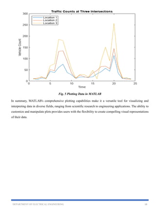 DEPARTMENT OF ELECTRICAL ENGINEERING 18
Fig. 5 Plotting Data in MATLAB
In summary, MATLAB's comprehensive plotting capabilities make it a versatile tool for visualizing and
interpreting data in diverse fields, ranging from scientific research to engineering applications. The ability to
customize and manipulate plots provides users with the flexibility to create compelling visual representations
of their data.
 