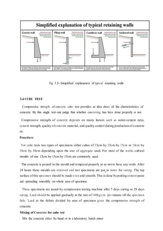 Fig 3.5- Simplified explanation of typical retaining walls
3.4 CUBE TEST
Compressive strength of concrete cube test provides an idea about all the characteristics of
concrete. By this single test one judge that whether concreting has been done properly or not.
Compressive strength of concrete depends on many factors such as water-cement ratio,
cement strength, quality of concrete material, and quality control during productionof concrete
etc.
Procedure:
For cube tests two types of specimens either cubes of 15cm by 15cm by 15cm or 10cm by
10cm by 10cm depending upon the size of aggregate used. For most of the works cubical
moulds of size 15cm by 15cm by 15cm are commonly used.
The concrete is poured in the mould and tempered properly so as not to have any voids. After
24 hours these moulds are removed and test specimens are put in water for curing. The top
surface of this specimen should be made even and smooth. This is done byputting cement paste
and spreading smoothly on whole area of specimen.
These specimens are tested by compression testing machine after 7 days curing or 28 days
curing. Load should be applied gradually at the rate of 140kg/cm per minute till the specimen
fails. Load at the failure divided by area of specimen gives the compressive strength of
concrete.
Mixing of Concrete for cube test:
Mix the concrete either by hand or in a laboratory batch mixer
2
 