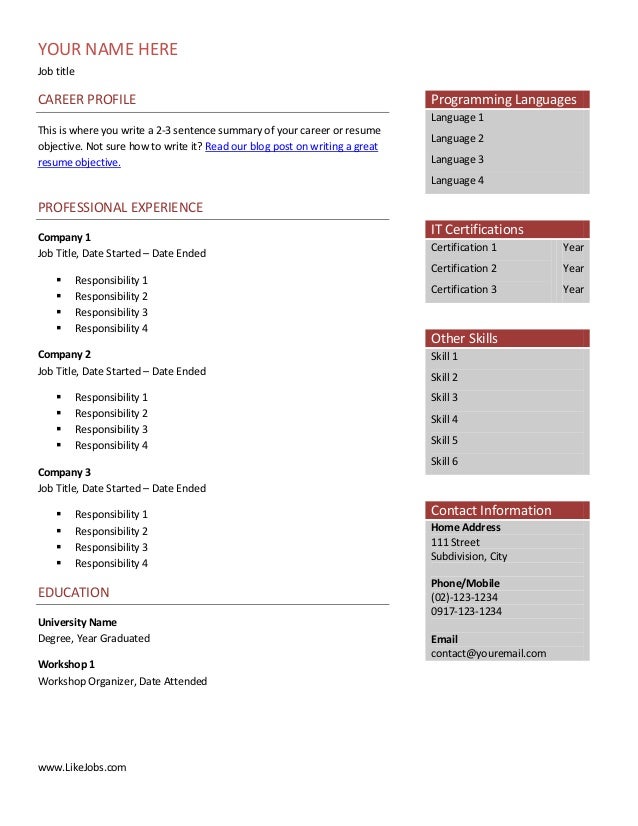 It Resume Template 2 Column