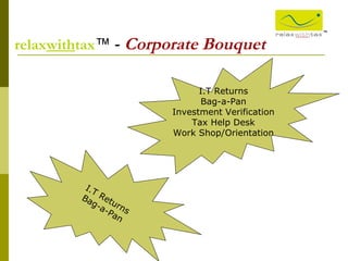 ™ relax with tax ™ -  Corporate Bouquet   I.T Returns Bag-a-Pan I.T Returns Bag-a-Pan Investment Verification Tax Help Desk Work Shop/Orientation 