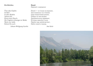 Ein Gleiches                      Покой
                                  Перевод с немецкого

Über allen Gipfeln                Покой — он только на вершине,
Ist Ruh’                          Там отдохнешь ты в тишине.
In allen Wipfeln                  Едва почувствовав уныние,
Spürest Du                        Побудь ты там наедине.
Kaum einen Hauch;                 Дыханием ветер одурманит,
Die Vögelein schweigen im Walde   И птицы замолчат в лесу.
Warte nur, balde                  Прийти туда любой мечтает,
Ruhest Du auch.                   Найти покой и тишину.
        Johann Wolfgang Goethe                          Ann Nette
 