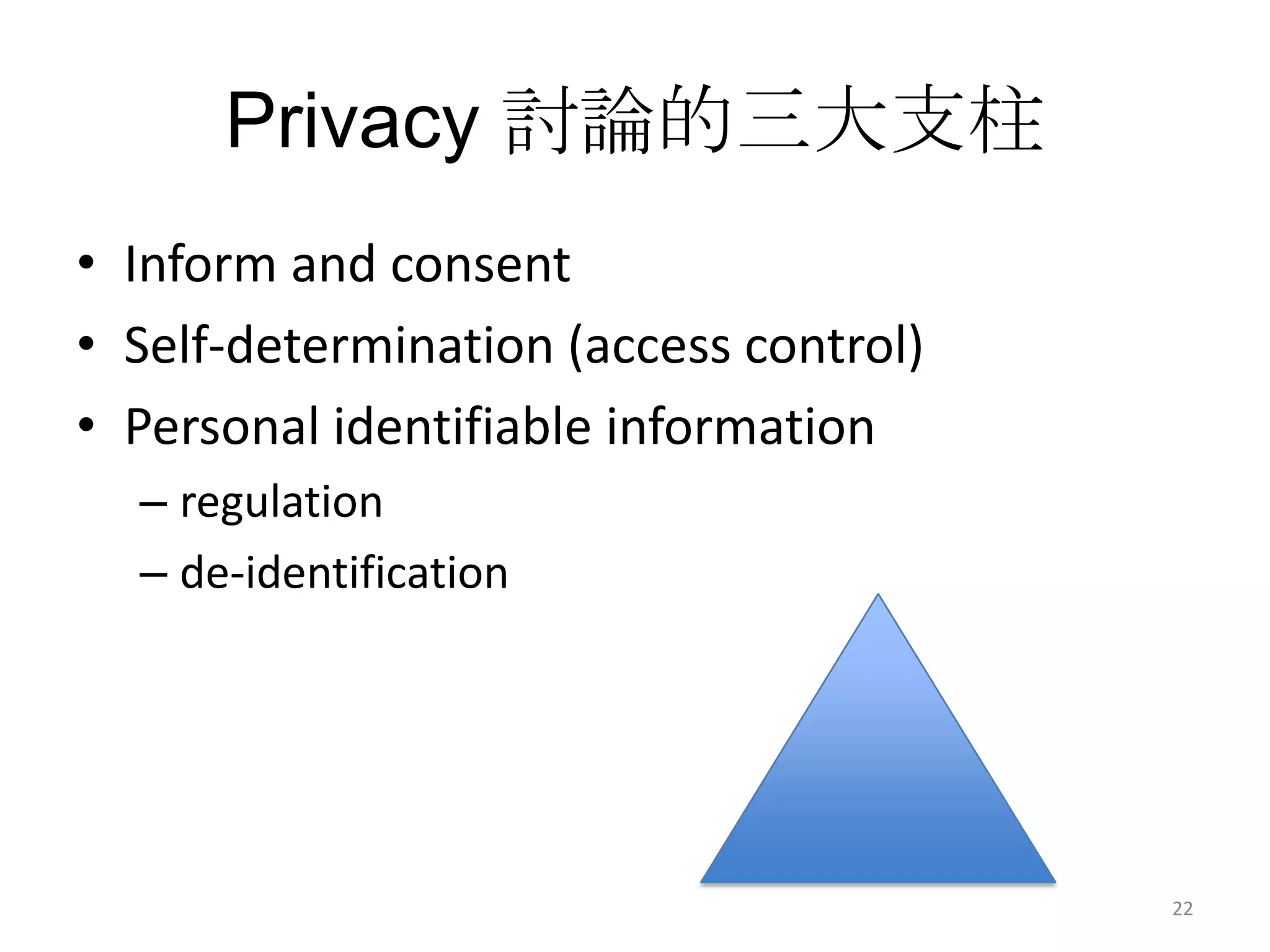 Privacy 討論的三大支柱
• Inform and consent
• Self-determination (access control)
• Personal identifiable information
  – regulation
  – de-identification




                                        22
 