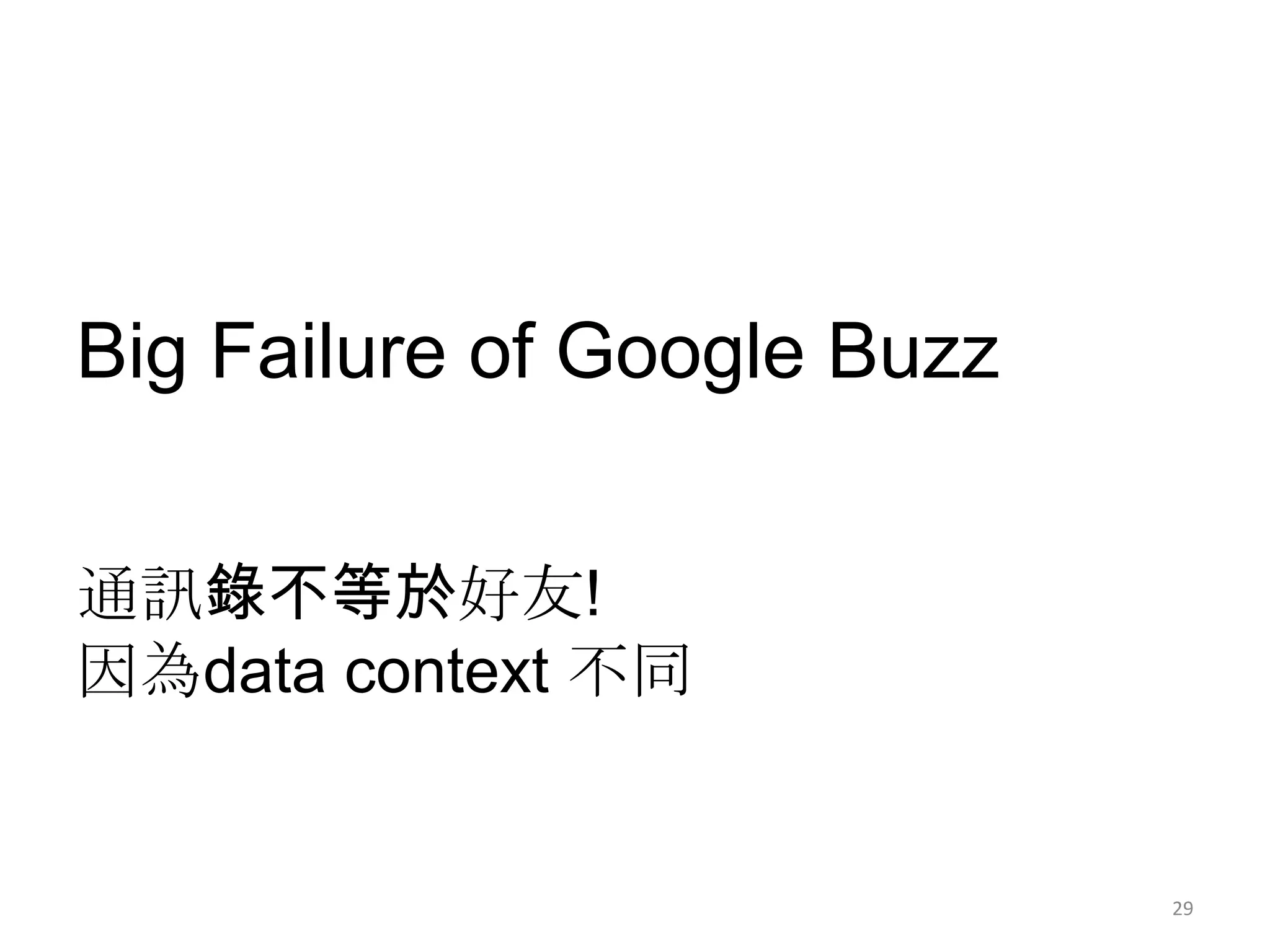 Big Failure of Google Buzz


通訊錄不等於好友!
因為data context 不同


                             29
 