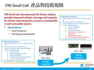 Copyright 2012 ITRI IgоԺ
ITRI Small Cell aƷcgҎ
ITRI 4G
Small Cell
ITRI 4G
Small Cell
2014 ~ 2015
2012~ 2013
ITRI Small cell, low-powered LTE-A base station,
provide improved cellular coverage and capacity
for homes and enterprises as well as metropolita
n and rural public spaces.
? Key features
C Smart Antenna
C Self Organizing Network
Product Spec. & Features
? Mode of Operation: LTE-TDD: 5, 10 Mhz at Band
41
? No. of UEs supported: 16 Active Ues
? System Throughput: Max. Peak Rate 40Mbps
? Functions & Performance
? Power: 20 dBm
? Coverage: Radius up to 50m
? Support 2x2 MIMO
? Centralized Self Organizing Network
? Femto to Femto Handover
? Core Network IOT: NSN, Ericsson
Product Spec. & Features
? Mode of Operation: LTE-TDD: 5, 10 Mhz at Band
41
? No. of UEs supported: 64 Active Ues
? System Throughput: Max. Peak Rate 100Mbps
? Functions & Performance
? Support 2x2 MIMO
? Power: 20 dBm
? QoS aware scheduler
? Support two Intra-band Carrier
Aggregation
? Support Smart Antenna
? Distributed Self Organizing Network
? Core Network IOT: NSN, Ericsson, Cisco
 