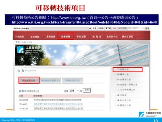 Copyright 2014 ITRI IgоԺ
? DgWַ http://www.itri.org.tw/ ( 퓡аlɹ )
? http://www.itri.org.tw/chi/tech-transfer/04.asp?RootNodeId=040&NodeId=041&id=4640
DgĿ
 