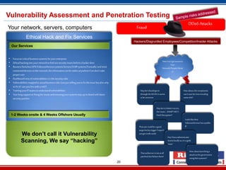20
We don’t call it Vulnerability
Scanning, We say “hacking”
Ethical Hack and Fix Services
• Focusoncritical businesssystemsforyourenterprise
• Ethicalhackinginto yournetworktofind outsecurityissuesbeforea hackerdoes
• Routers/Switches/UPS/Videoconferencesystems/Servers/VOIPsystems/Firewalls/andmost
connecteddevicesonthenetwork,theinformationcanbestolenanywhereif wedon’ttake
propercare
• Dashboardviewofvulnerabilitiesv/s thesecurityrisks
• Vulnerabilitiesmappedto actualbusinessrisks (notjust telling youto fixtheissue butalso why
tofix it?, canyoulivewith arisk?)
• TrainingyourIT teamstounderstandvulnerabilities
• Yearlongsupportin fixingtheissues andensuringyoursystemsstayup todatedwithlatest
securitypatches
Our Services
1-2 Weeks onsite & 4 Weeks Offshore Usually
Hackers/Disgruntled Employees/Competition/Insider Attacks
HowCanIgetaccessto
Your
Network/People/Mone
y?
MaybeIshouldgetin
throughtheWLAN,itseems
tobe unsecure
Howabout,thereceptionist,
canIcoaxherintorevealing
someinfo?
MaybeitisbetterIaccess
therouter…SNMP?MD5
HashDecryption?
Looksliketheir
Videoconferencehasapublic
IPThatusercouldbe agood
targetforkeyloggerTrojan!I
cangetcreditcards!
HeyIhaveadministrator
Accesslocallyso,it’sagold
mine!
Thatwebserverisnotatall
patched,letsDefacethem!
Howaboutlaunchinga
attackonthegovernment
usingtheirsystems?
DDoSAttacks
FraudYour network, servers, computers
Vulnerability Assessment and Penetration Testing
 