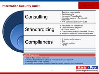 8
Information Security Audit
Consulting
Standardizing
Compliances
• Operating system audits
• Database audits
• Networking/ Firewall audits
• Application systems – Functionality
assessment
• Web application/Data centre audit
• Institutional risk areas review
• General Controls- Physical
security/BCP/BRP
• Change management – Controls & Tracking
• Application Controls- System edits/Access
• IS policies and procedures
• IDS
• Forensic auditing
• FERPA
Value Proposition
• Robust IT governance framework
• Strategic & operational value through business-risk focused approach
• Pre-emptive risk control capability
• Corporate IT compliance adherence for future business initiatives and IT investments
How we Do
 