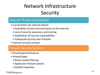 Network Infrastructure
Security
Internet Threats and Security
• Causal factors for internet attacks
• Availability of tools and techniques on the Internet
• Lack of security awareness and training
• Exploitation of security vulnerabilities
• Inadequate security over firewalls
• Internet security controls

Firewall Security Systems
• Firewall general features
• Firewall types
• Router packet filtering
• Application firewall systems
• Stateful inspection
ValueConsult
IT Risk Management

103

 