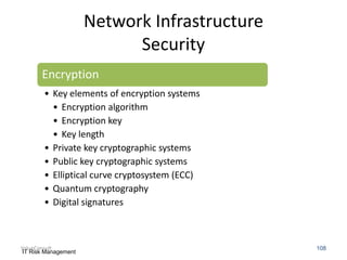 Network Infrastructure
Security
Encryption
• Key elements of encryption systems
• Encryption algorithm
• Encryption key
• Key length
• Private key cryptographic systems
• Public key cryptographic systems
• Elliptical curve cryptosystem (ECC)
• Quantum cryptography
• Digital signatures

ValueConsult
IT Risk Management

108

 