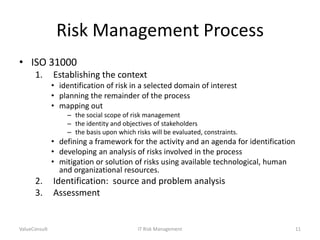 Risk Management Process
• ISO 31000
1.

Establishing the context
• identification of risk in a selected domain of interest
• planning the remainder of the process
• mapping out
– the social scope of risk management
– the identity and objectives of stakeholders
– the basis upon which risks will be evaluated, constraints.

• defining a framework for the activity and an agenda for identification
• developing an analysis of risks involved in the process
• mitigation or solution of risks using available technological, human
and organizational resources.

2.
3.

ValueConsult

Identification: source and problem analysis
Assessment

IT Risk Management

11

 