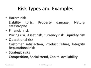 Risk Types and Examples
• Hazard risk
Liability torts, Property damage, Natural
catastrophe
• Financial risk
Pricing risk, Asset risk, Currency risk, Liquidity risk
• Operational risk
Customer satisfaction, Product failure, Integrity,
Reputational risk
• Strategic risks
Competition, Social trend, Capital availability
ValueConsult

IT Risk Management

23

 