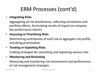 ERM Processes (cont’d)
• Integrating Risks
Aggregating all risk distributions, reflecting correlations and
portfolio effects, formulating results of impact on company
key performance metrics
• Assessing or Prioritizing Risks
Determining contribution of each risk to aggregate risk profile,
and doing prioritization
• Treating or Exploiting Risks
Crafting strategies for controlling and exploiting various risks
• Monitoring and Reviewing
Measuring and monitoring risk environment and performance
of risk management strategies
ValueConsult

IT Risk Management

25

 